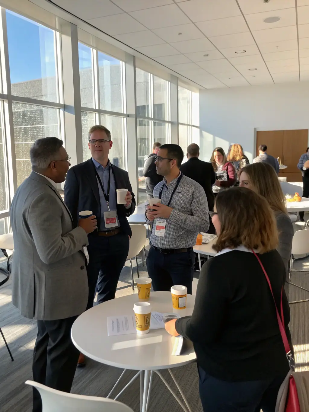 A photograph of attendees networking and engaging in conversations during a coffee break.