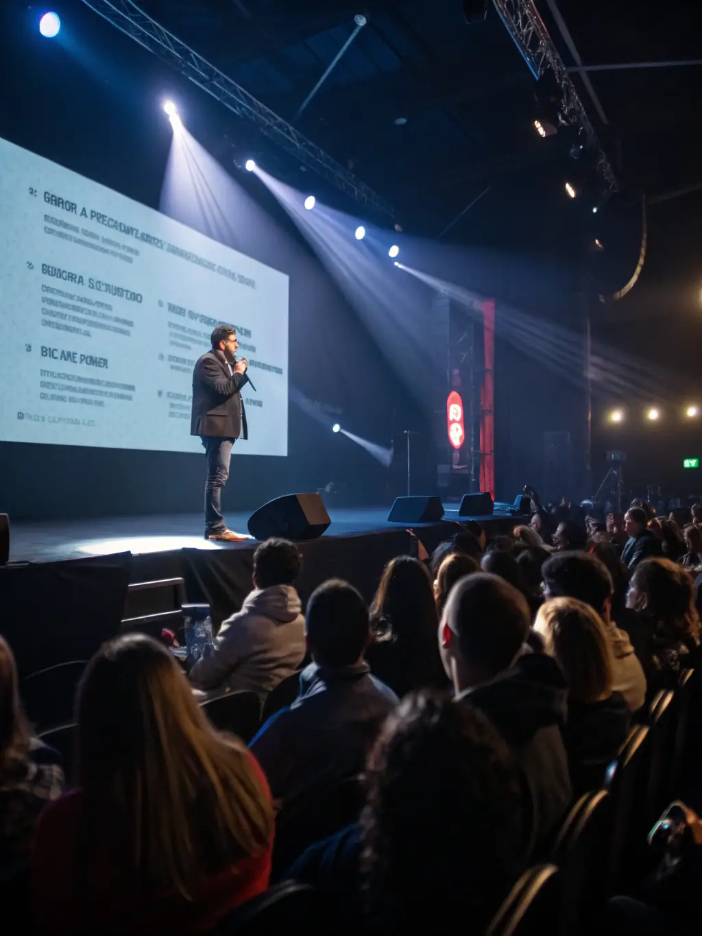 A photograph of a keynote speaker passionately addressing a large audience at the summit.